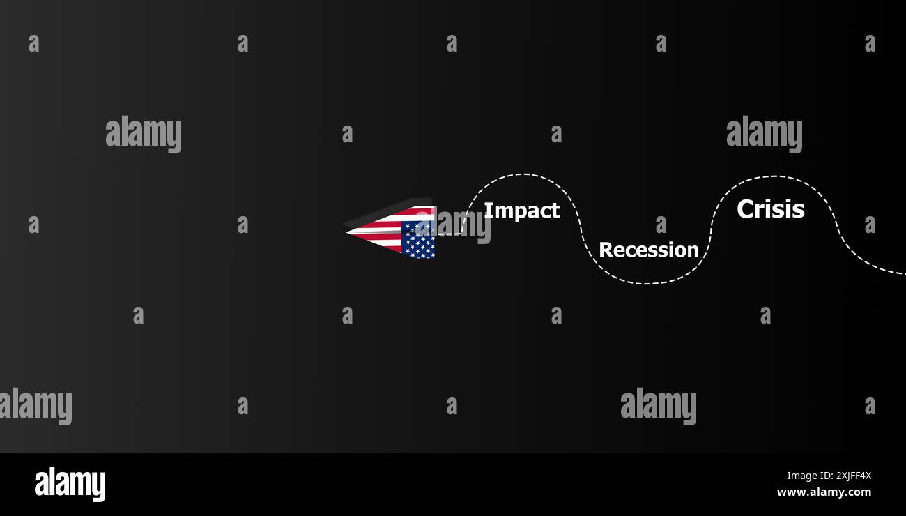 La bandiera americana è stampata su un aereo di carta che sta sventolando ostacoli di fuga, indica l'emergere di una crisi economica, impatto sull'internat Foto Stock