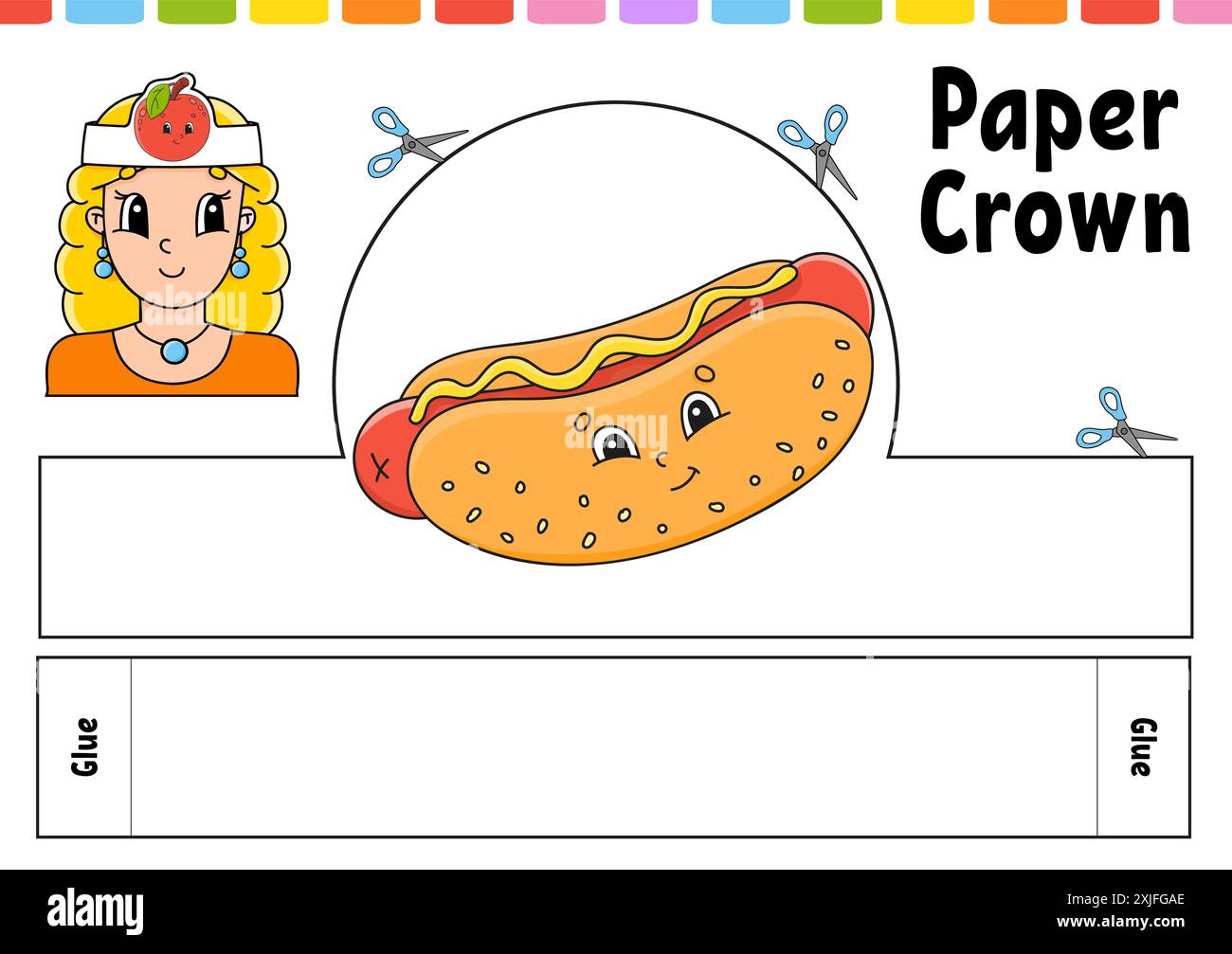 Modello corona in carta per bambini. Per giochi, torte, compleanni, vacanze. Con un carino personaggio dei cartoni animati. Isolato su sfondo bianco. Adatto per la stampa Illustrazione Vettoriale