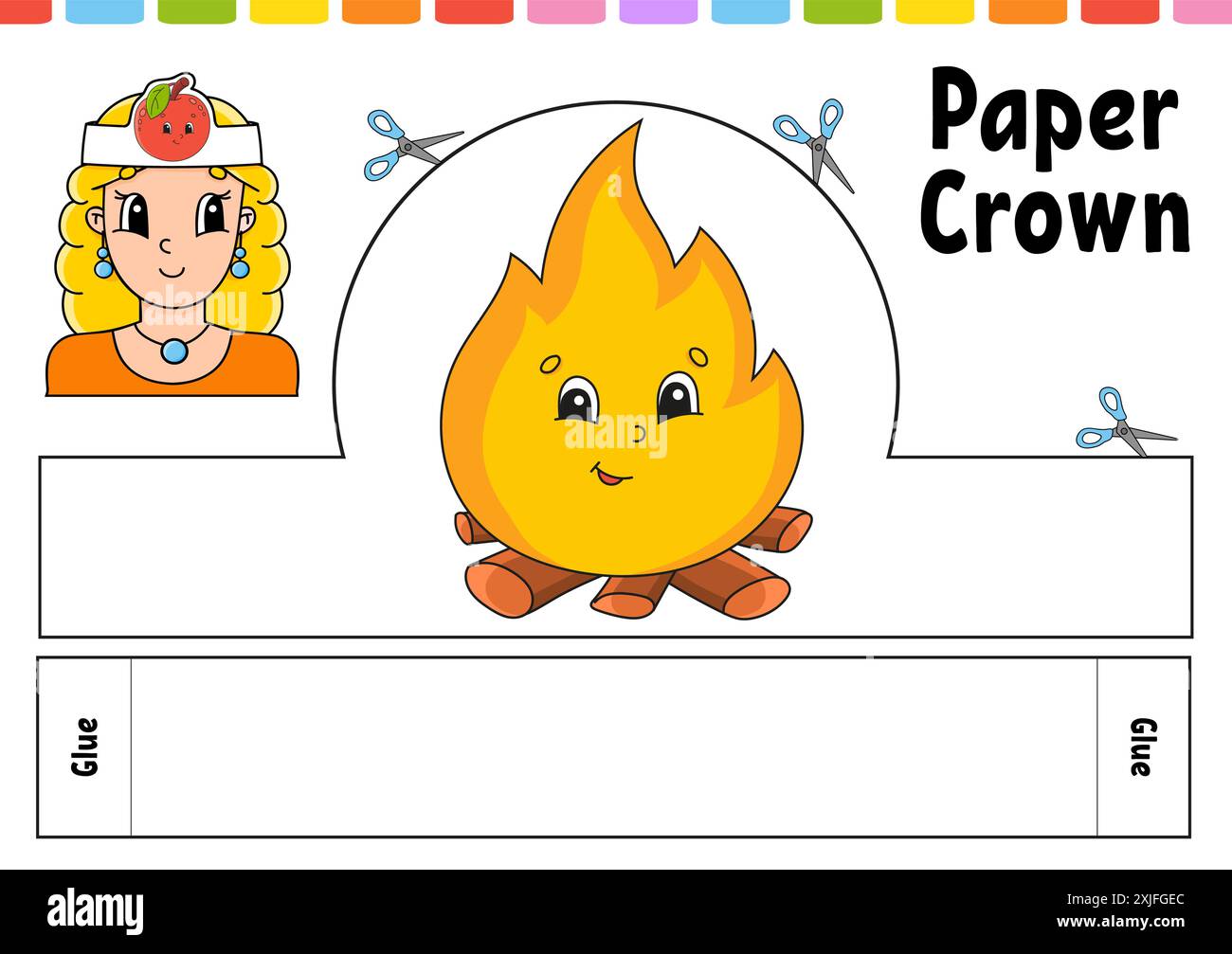 Modello corona in carta per bambini. Per giochi, torte, compleanni, vacanze. Con un carino personaggio dei cartoni animati. Isolato su sfondo bianco. Adatto per la stampa Illustrazione Vettoriale