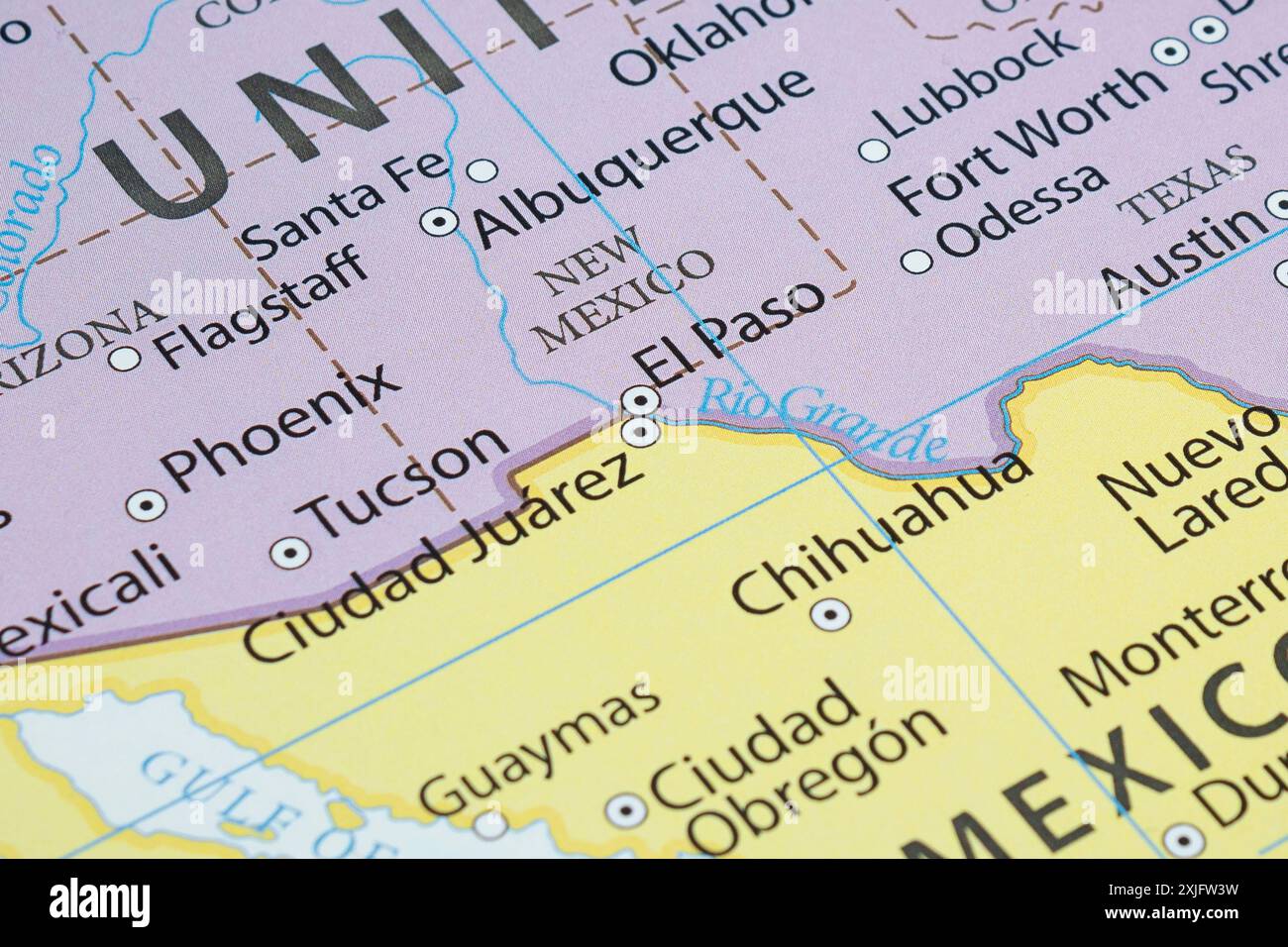 Macro fotografia della città di Ciudad Juarez in una mappa politica messicana con città importanti Foto Stock