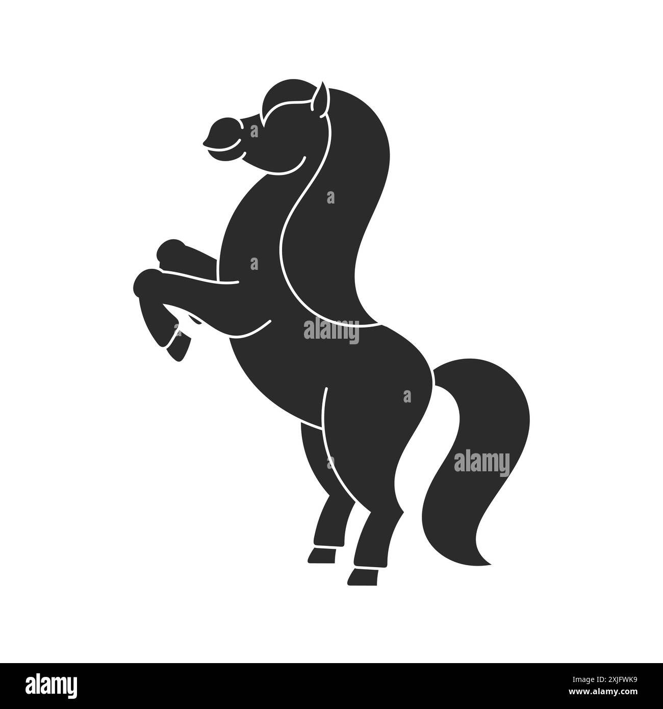 Silhouette nera. Cavallo cresciuto. L'animale da fattoria sta sulle zampe posteriori. Stile cartoni animati. Semplice illustrazione vettoriale piatta. Illustrazione Vettoriale