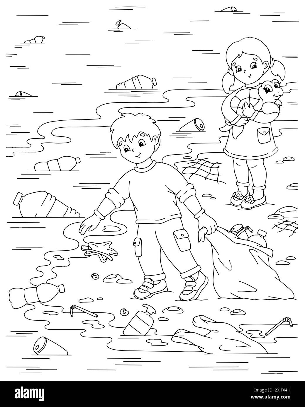 I bambini ripuliscono la costa oceanica dalla spazzatura. Il problema dell'ecologia. Inquinamento da plastica oceanica. Pagina di libri da colorare per bambini. Personaggio in stile cartoni animati. Illustrazione Vettoriale