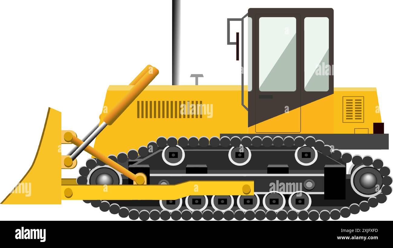 Costruire bulldozer. Macchinari industriali. Macchine per l'edilizia. Illustrazione vettoriale. Isolato su sfondo bianco. Colore giallo Illustrazione Vettoriale