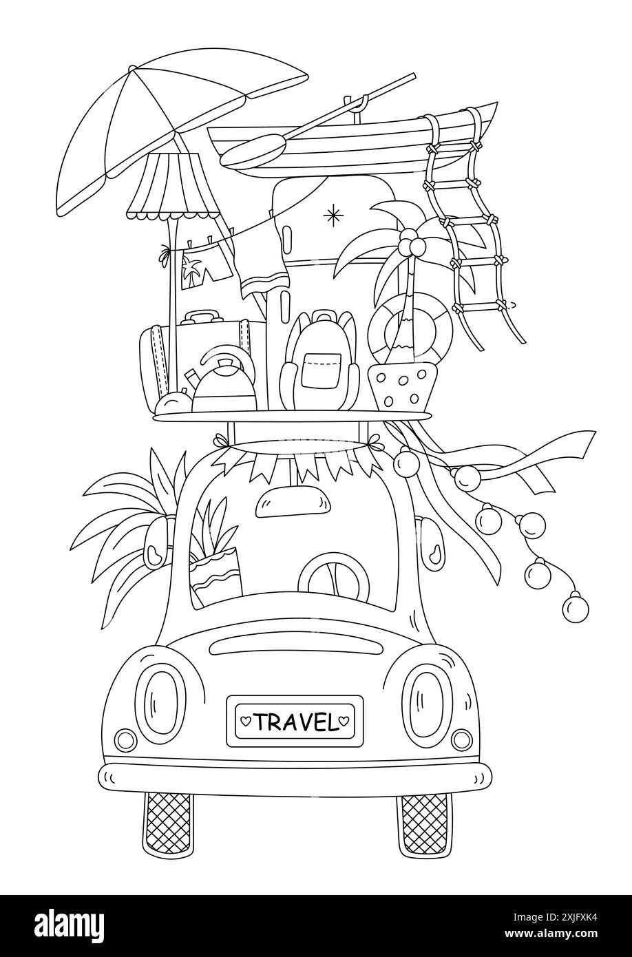 Pagina da colorare Anti-stress per adulti e bambini dispone di Turismo - Un'auto con frigorifero, barca, valigia e bollitore sul tetto Illustrazione Vettoriale