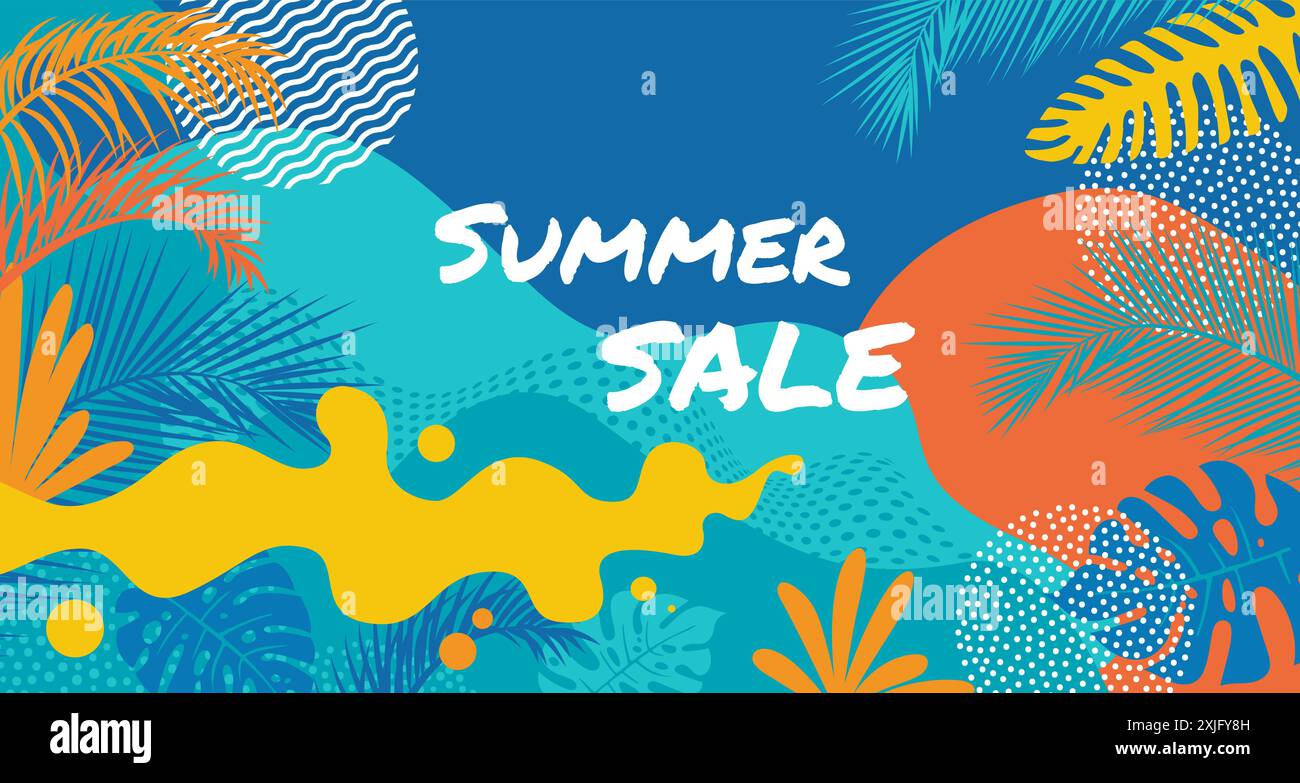 Design per striscioni per i saldi estivi. Sfondo tropicale con foglie di palma. Migliore offerta per la promozione di saldi estivi background Illustrazione Vettoriale