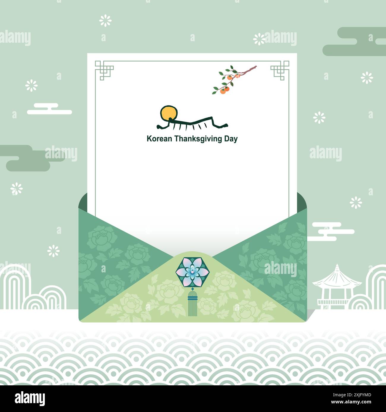 Design dell'evento per il giorno del Ringraziamento coreano. Busta tradizionale per lettere, cancelleria, pittura a pennello, tetto Hanok e luna piena, sfondo tradizionale. Illustrazione Vettoriale