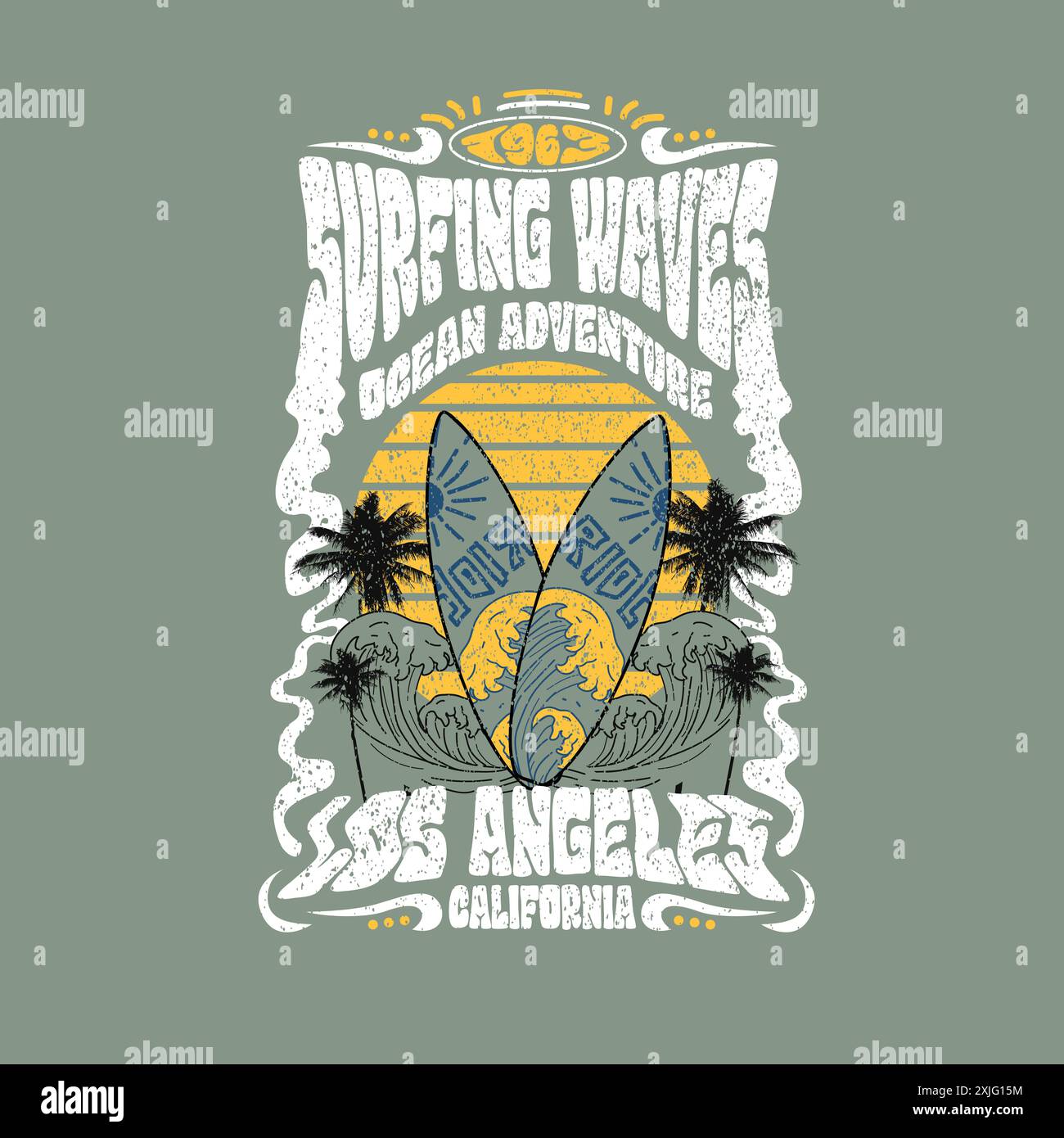 Surf Waves Los Angeles, California, tipografia, spiaggia estiva, poster grafico retrò Illustrazione Vettoriale