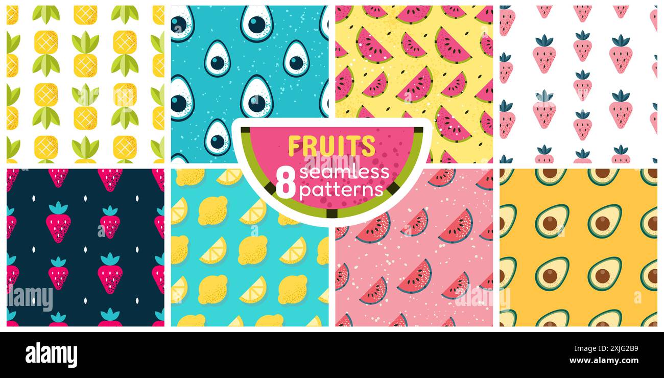 Set di 8 motivi senza cuciture con frutta e frutti di bosco Illustrazione Vettoriale