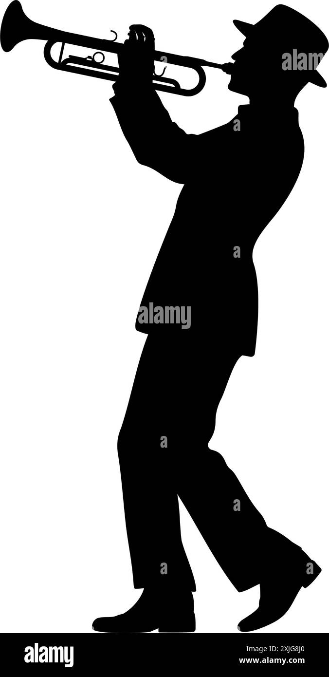 Silhouette di un uomo con cappello che suona l'illustrazione vettoriale della tromba Illustrazione Vettoriale