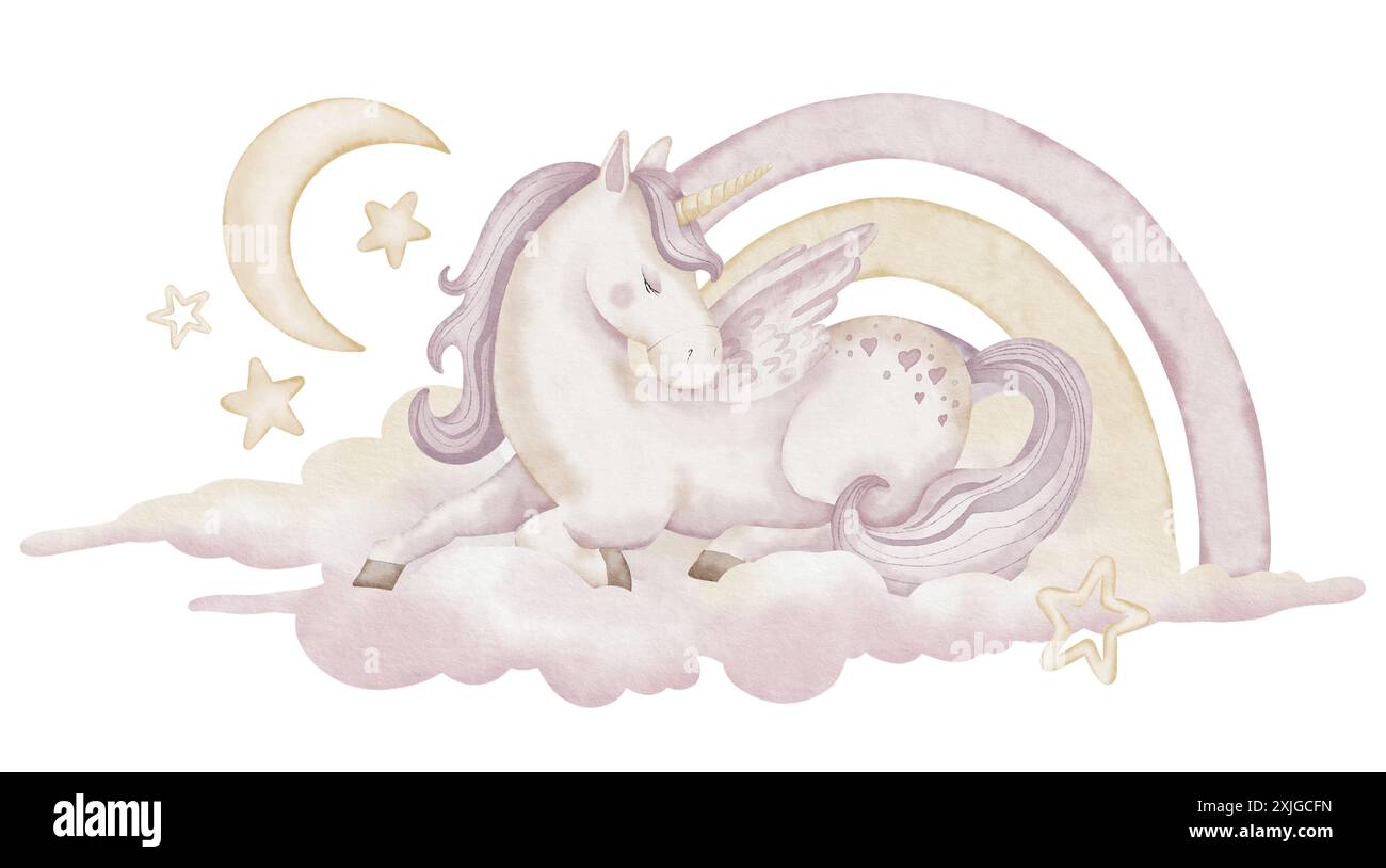 Unicorno su nuvola con stelle e illustrazione ad acquerello arcobaleno. Disegno di un carino cavallino con corno e ala per biglietti di auguri per bambini o inviti di compleanno per bambini. Pony Pegasus per bambine Foto Stock