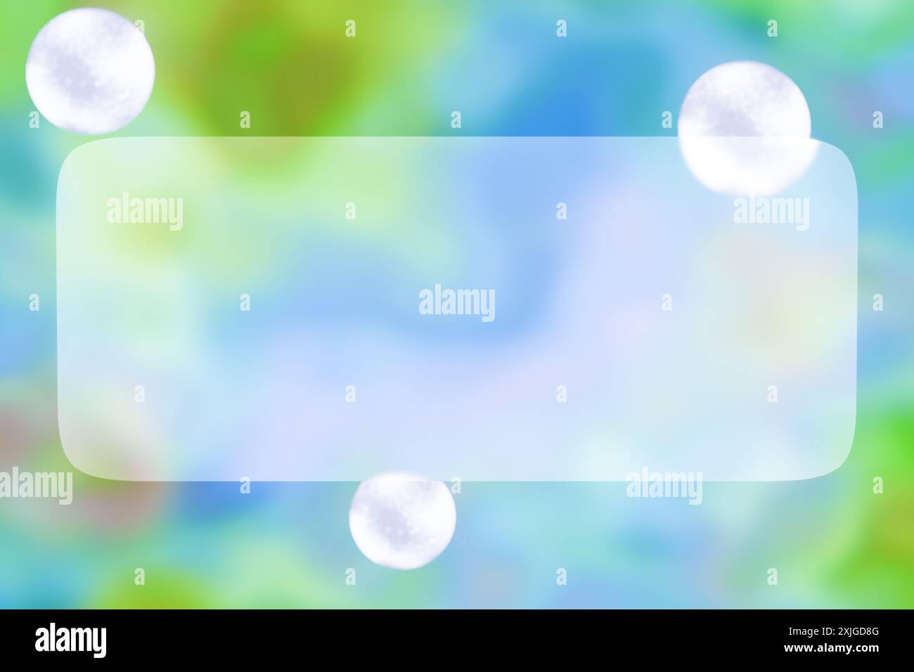 Sfondo a tema vetro astratto con tre ornamenti bianchi e sfumature blu e verde. rendering 3d. Foto Stock