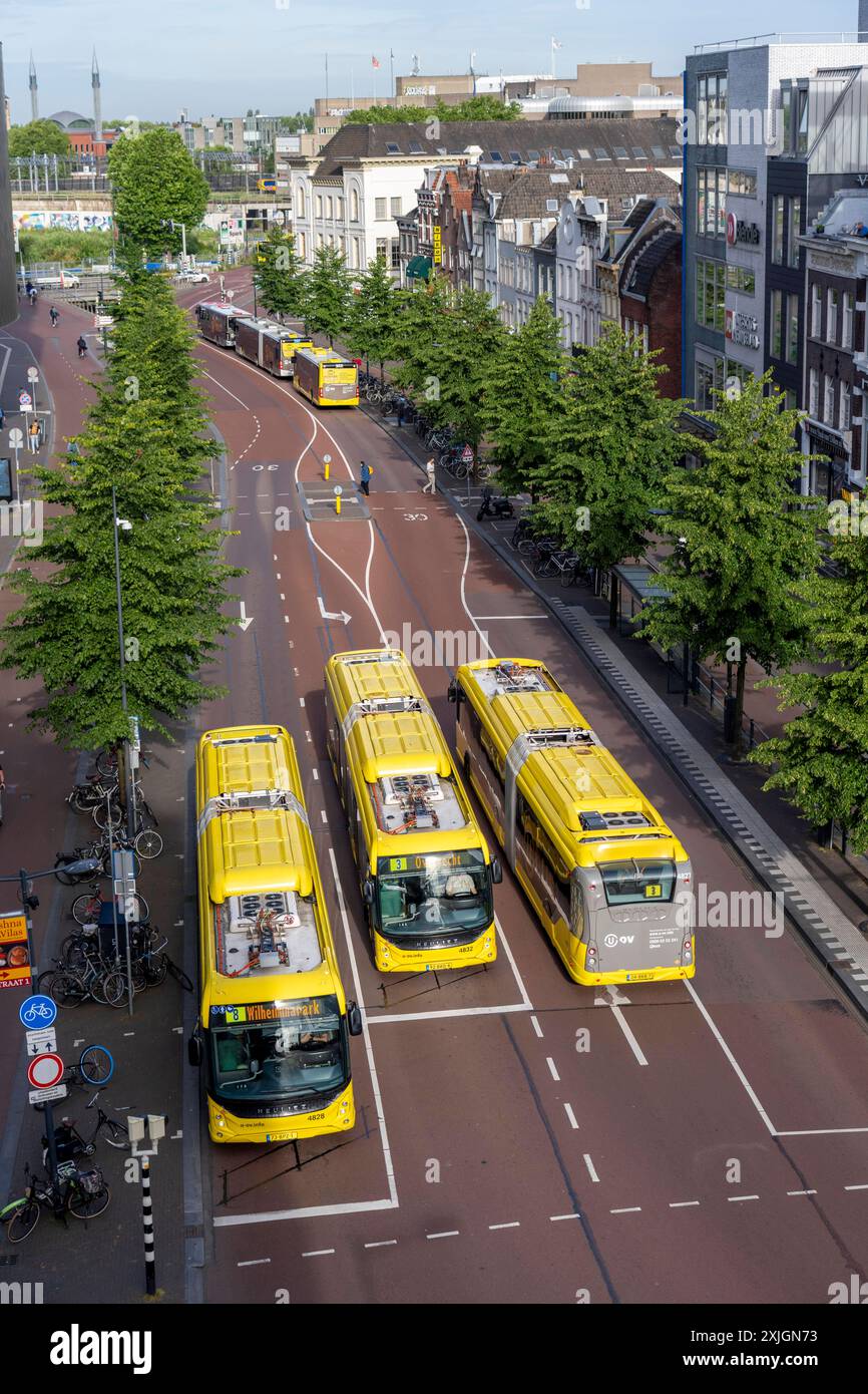 Innenstadtverkehr, Buslinien, Busspuren, Stadtbusse, Vredenburg Straße, Utrecht, Niederlande Busverkehr NL *** traffico in centro città, linee di autobus, corsie di autobus, autobus urbani, Vredenburg Street, Utrecht, Paesi Bassi trasporto in autobus NL Foto Stock