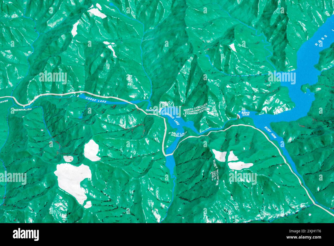 North Cascades National Park, Washington, Stati Uniti. Diagramma mappa 3D dell'area del lago Diablo. Foto Stock
