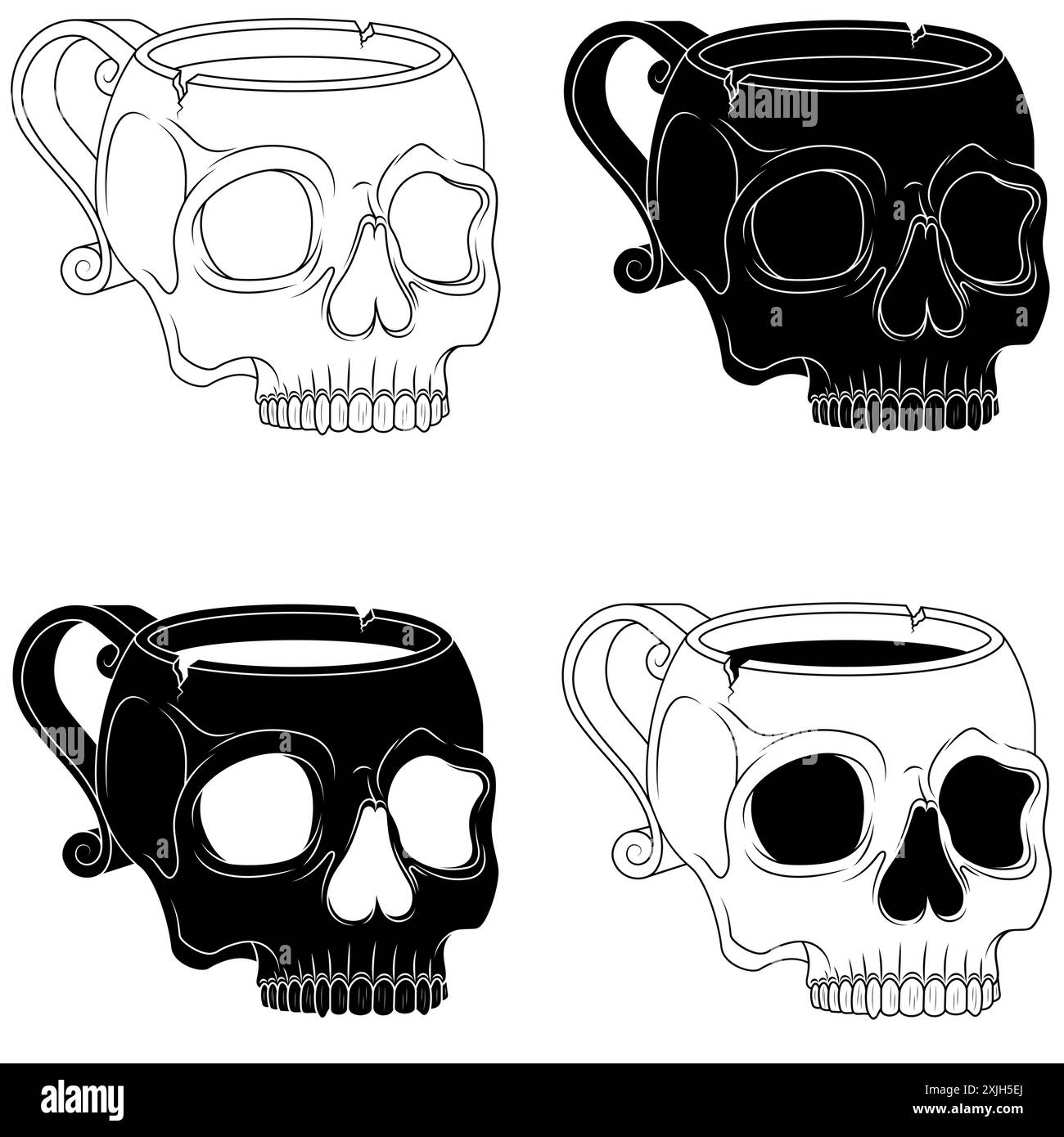 Design vettoriale della tazza da tè in porcellana del cranio umano, tazza da caffè del cranio, tazza del demone che beve sangue Illustrazione Vettoriale