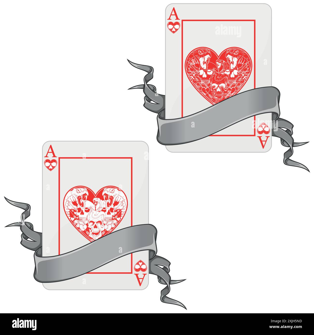 Disegno vettoriale di carte da poker con nastri, con simboli a forma di cuore, nastro che circonda una carta da poker in stile Halloween Illustrazione Vettoriale