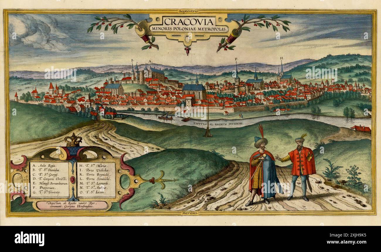 Mappa pittorica d'epoca. Kraków, Polonia, XVI secolo. Di Braun & Hogenberg Foto Stock
