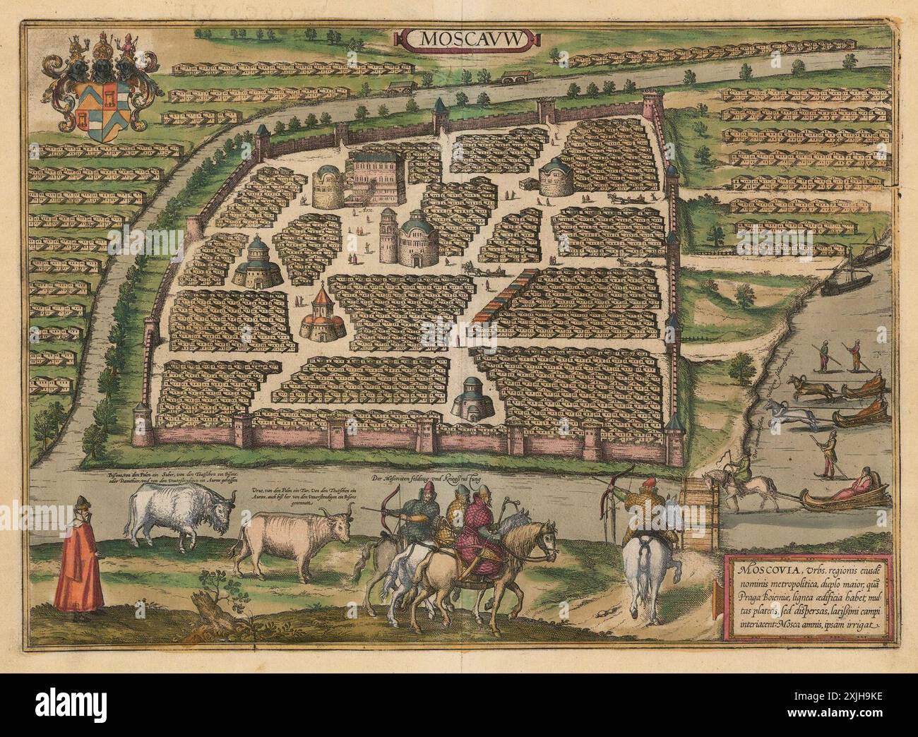 Mappa storica d'epoca di Mosca, Russia. Basato sulla prima vista di Mosca di Braun & Hogenberg. Il centro fortificato della città vecchia è raffigurato con le sue molte chiese, XVI secolo Foto Stock