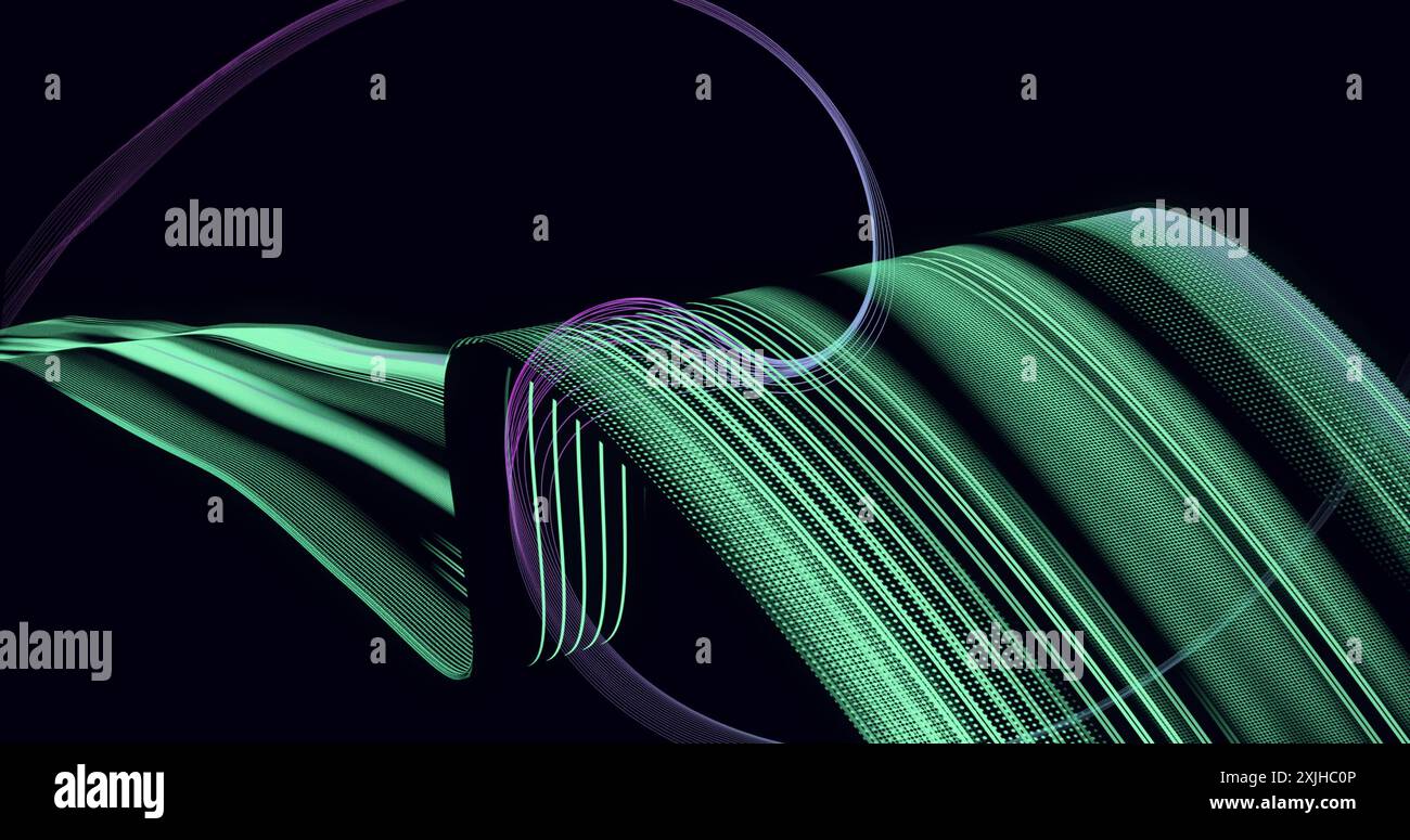 Immagine della luce verde che traccia gli strati ondulati su sfondo nero Foto Stock