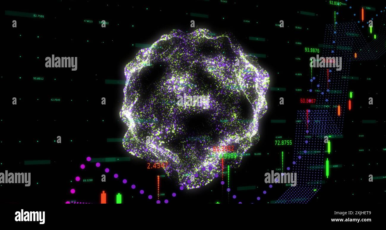 Immagine dell'elaborazione dei dati finanziari e del globo con connessioni su sfondo nero Foto Stock