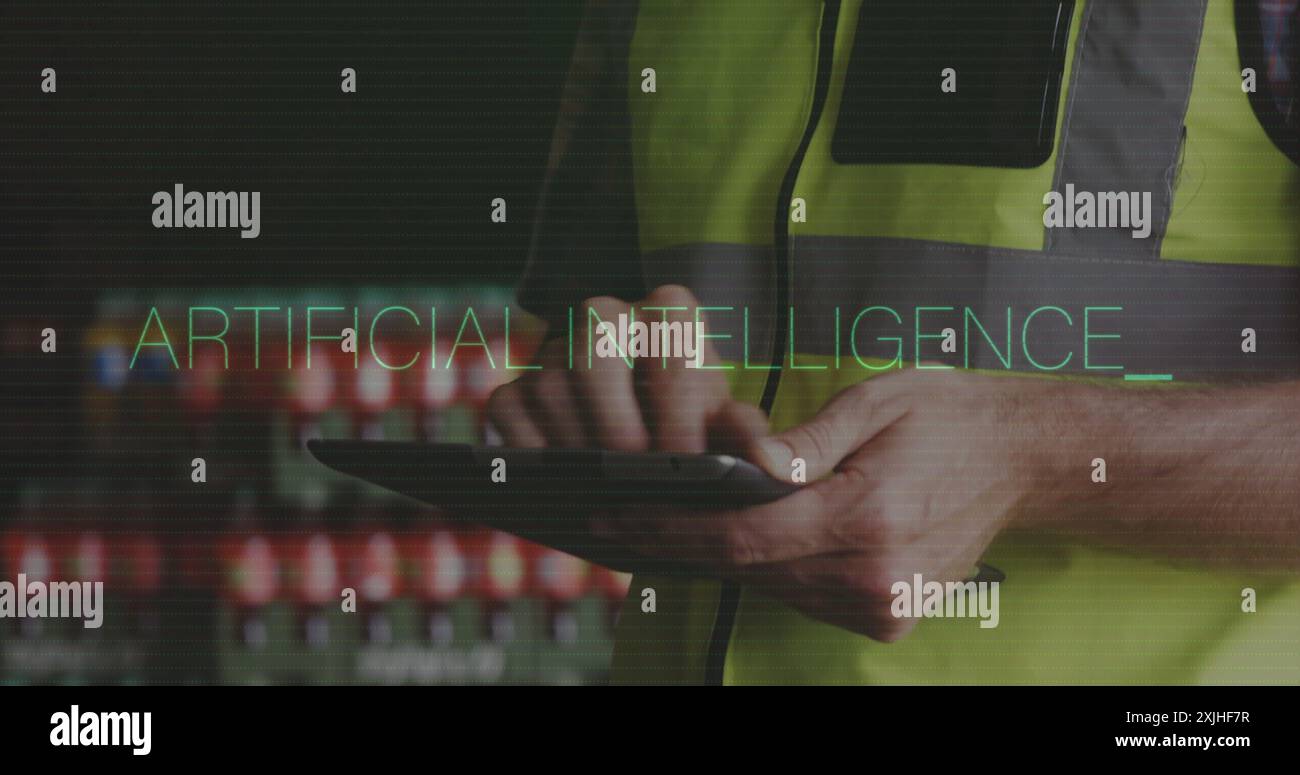 Immagine testuale dell'intelligenza artificiale sopra la persona in giubbotto ad alta visibilità Foto Stock