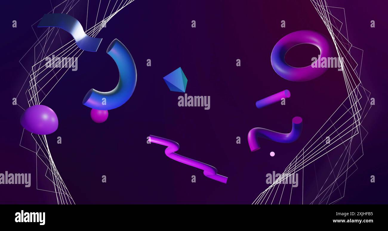 Immagine di una struttura di rete bianca con forme 3d blu e viola che ruotano su sfondo scuro Foto Stock
