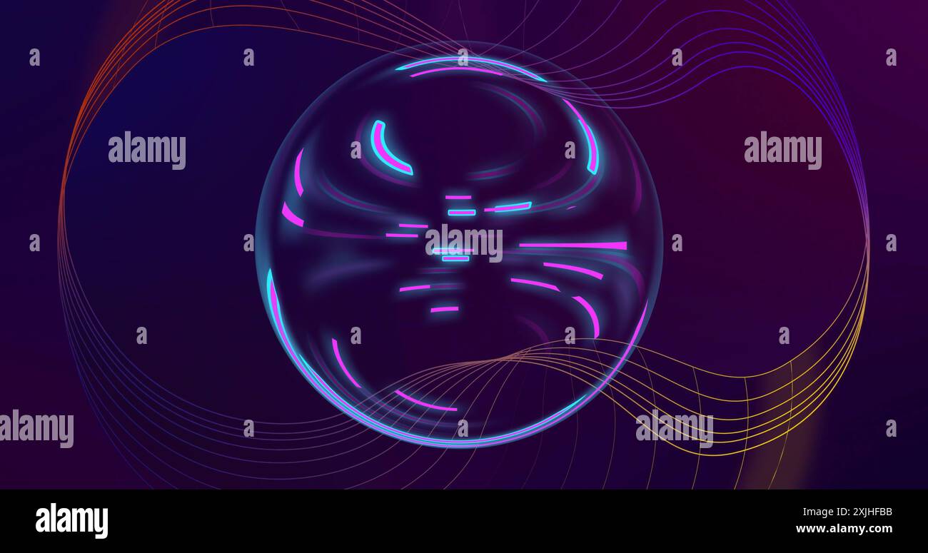 Immagine della struttura della rete e luci blu e viola che ruotano nella sfera su sfondo scuro Foto Stock