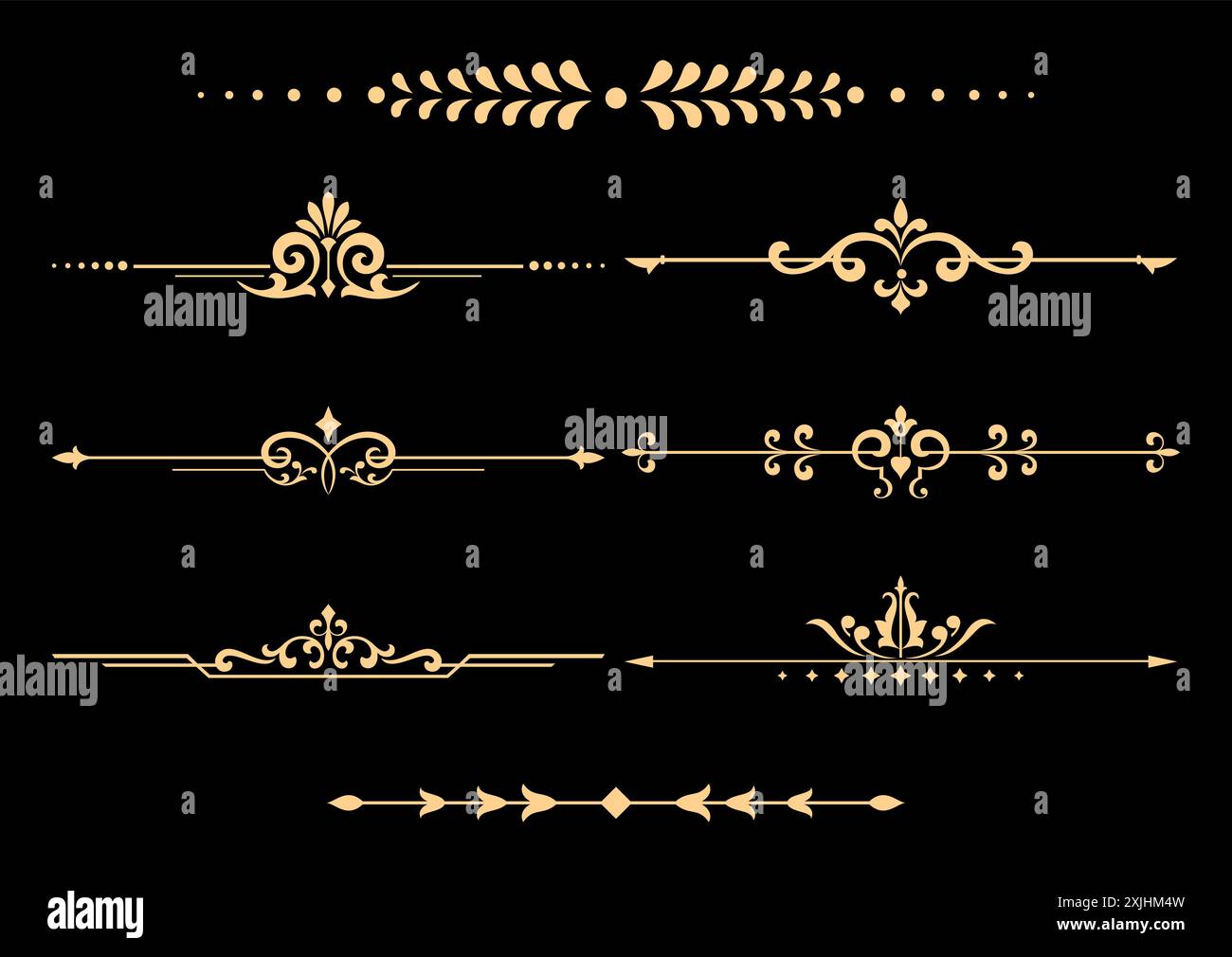 Set vintage di elementi decorativi. Separatori dorati su sfondo nero. Illustrazione Vettoriale