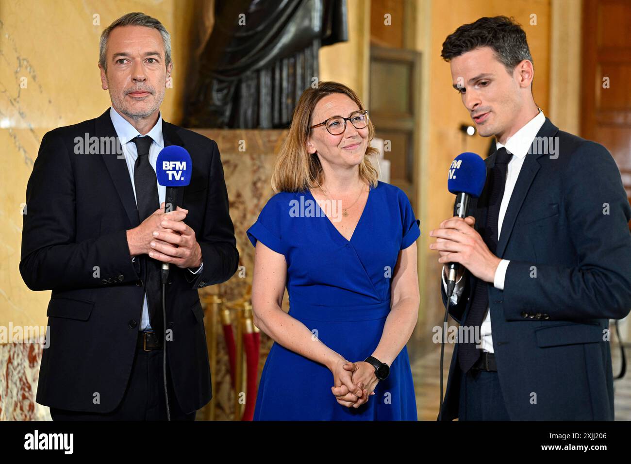 Parigi, Francia. 18 luglio 2024. Sandra Regol intervistata da BFM TV o BFMTV durante l'apertura della XVII legislatura all'Assemblea nazionale francese a Parigi, in Francia, il 18 luglio 2024. Crediti: Abaca Press/Alamy Live News Foto Stock