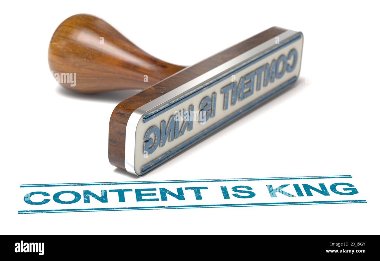 timbro di gomma con il contenuto di testo è fondamentale, il preventivo di marketing e il concetto di strategia seo. illustrazione 3d. Foto Stock