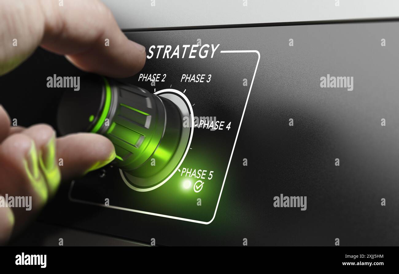 Uomo che raggiunge un piano strategico fino all'ultima fase ruotando una manopola di controllo. Concetto di pianificazione strategica. Immagine composita tra un'illustrazione 3d e un Foto Stock