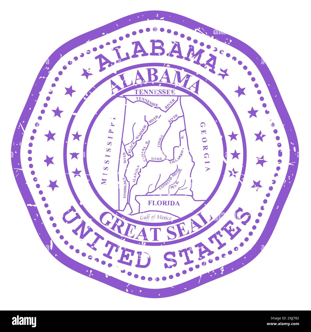 Francobollo dello stato dell'Alabama con sigillo, francobollo da viaggio degli Stati Uniti, francobollo dell'Alabama, vettoriale Illustrazione Vettoriale