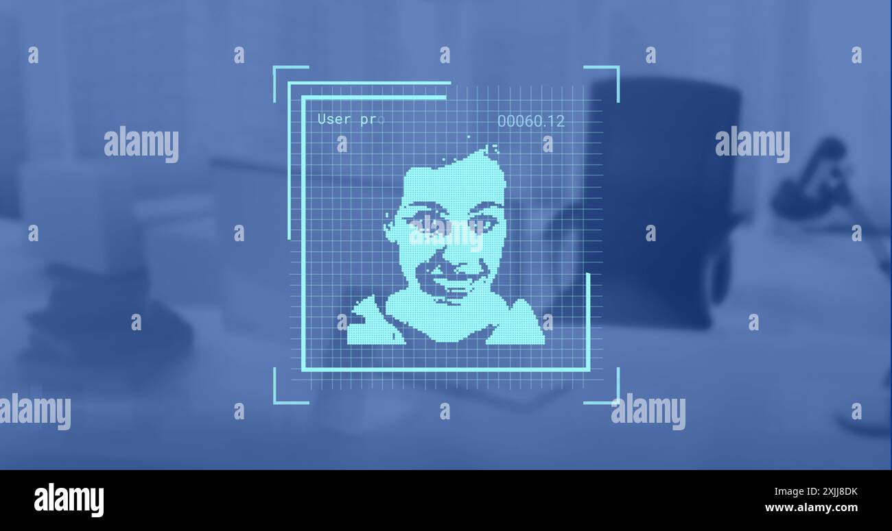 Immagine di foto biometriche ed elaborazione dei dati sulla postazione di lavoro in ufficio Foto Stock