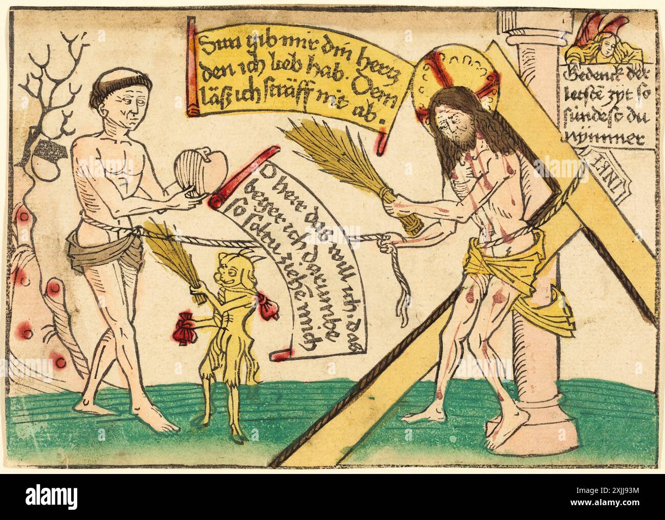 Gesù attirando i fedeli al suo cuore, tedesco Woodcut, 1480-1490 al centro, in banderole, in blocco: "Figliolo, dammi il tuo cuore. Non rimetto la punizione di chi mi sta a cuore.” Al centro, su banderole, in blocco: "O Signore, questo voglio, lo desidero, per questo motivo dovresti tirarmi su." In alto a destra, sulla carta posseduta dall'angelo, in blocco: "Pensa agli ultimi giorni; allora non peccherai mai". Foto Stock