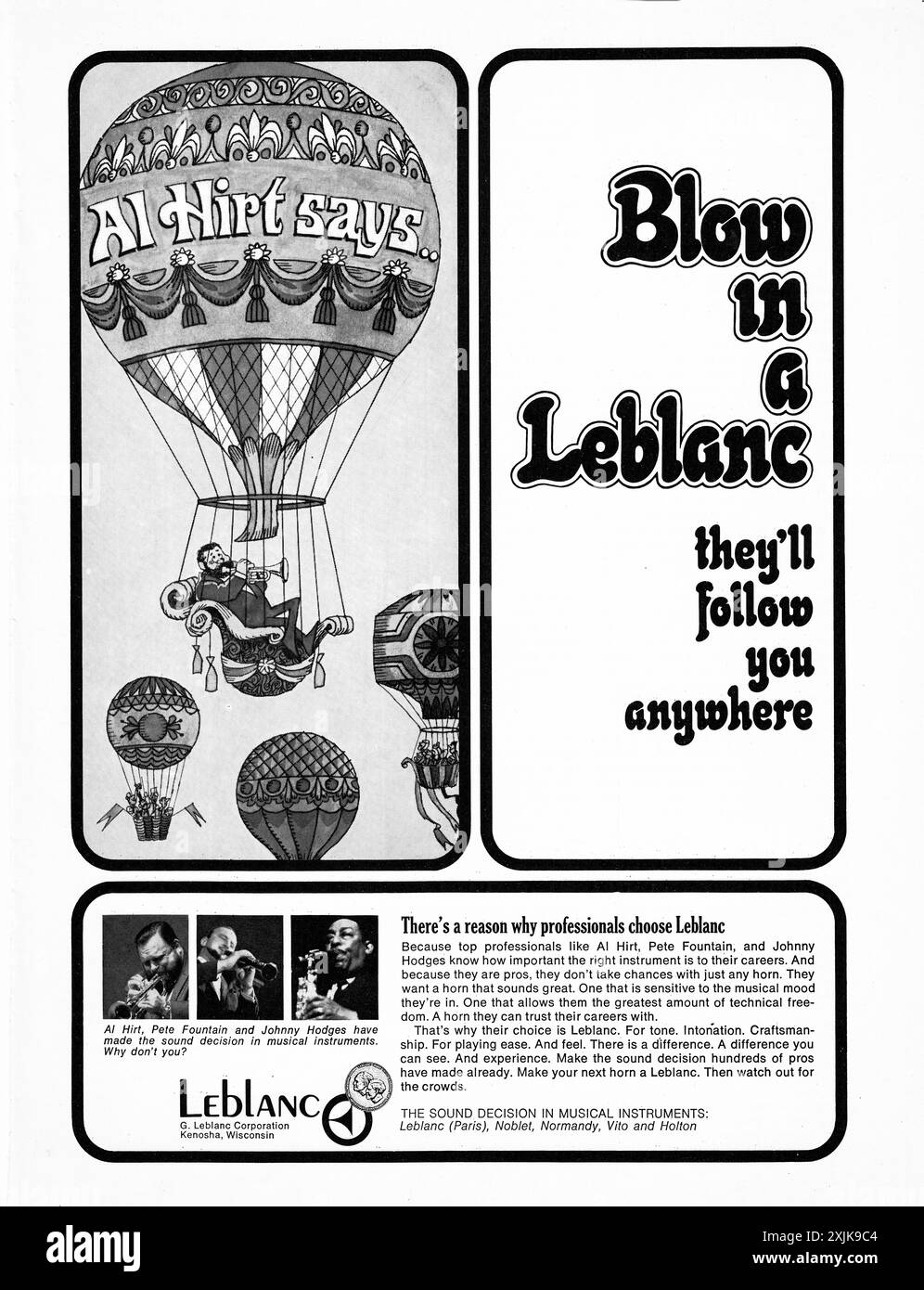 Un annuncio di una rivista musicale della fine degli anni '1960 per la compagnia di strumenti musicali Leblanc. Il brano è stato affiancato da musicisti jazz come al Hirt, Johnny Hodges e Pete Fountain Foto Stock