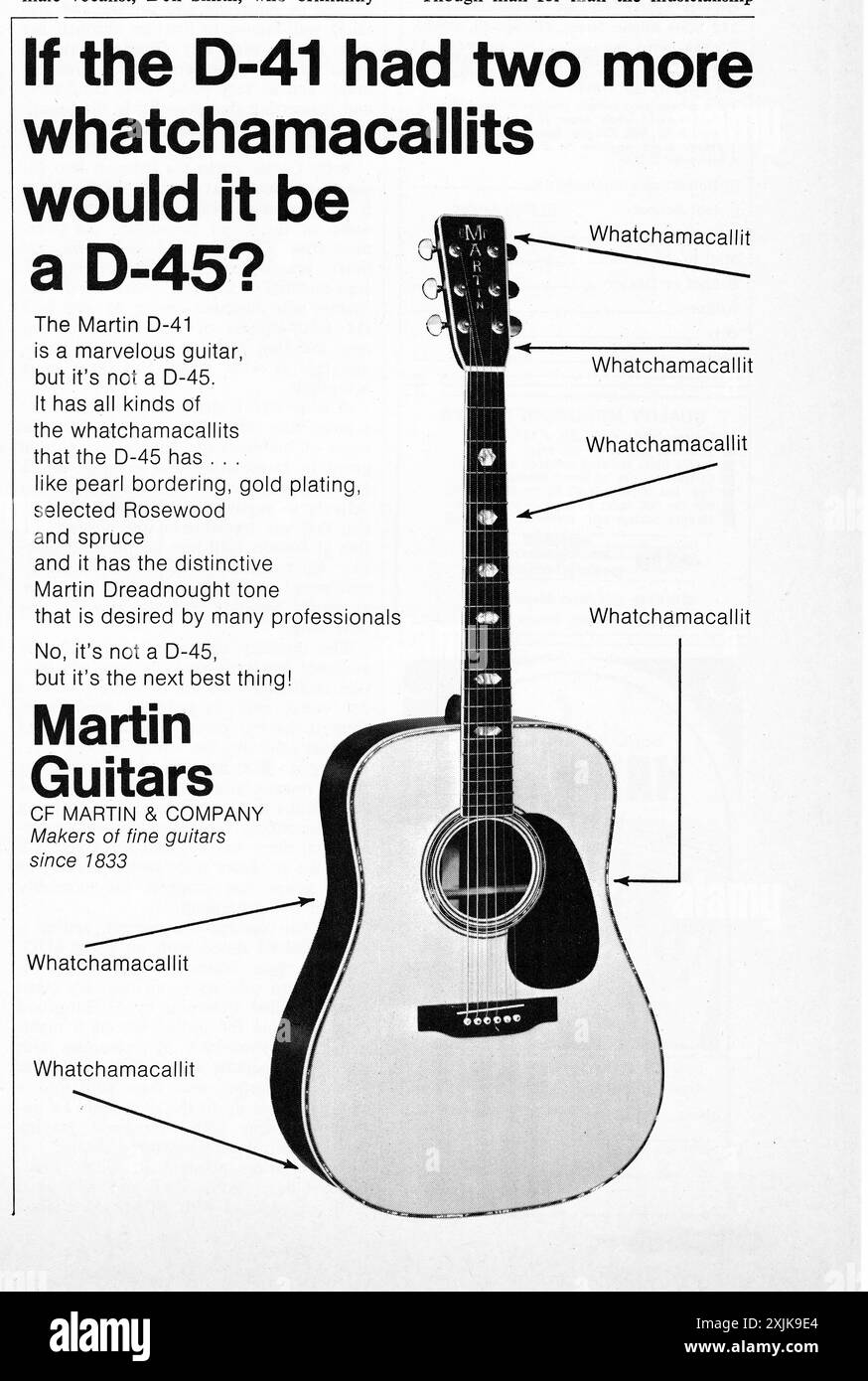 Un annuncio da una rivista del 1970 per Martin's D-41, il moidel appena sotto la cima della linea D-45. Foto Stock