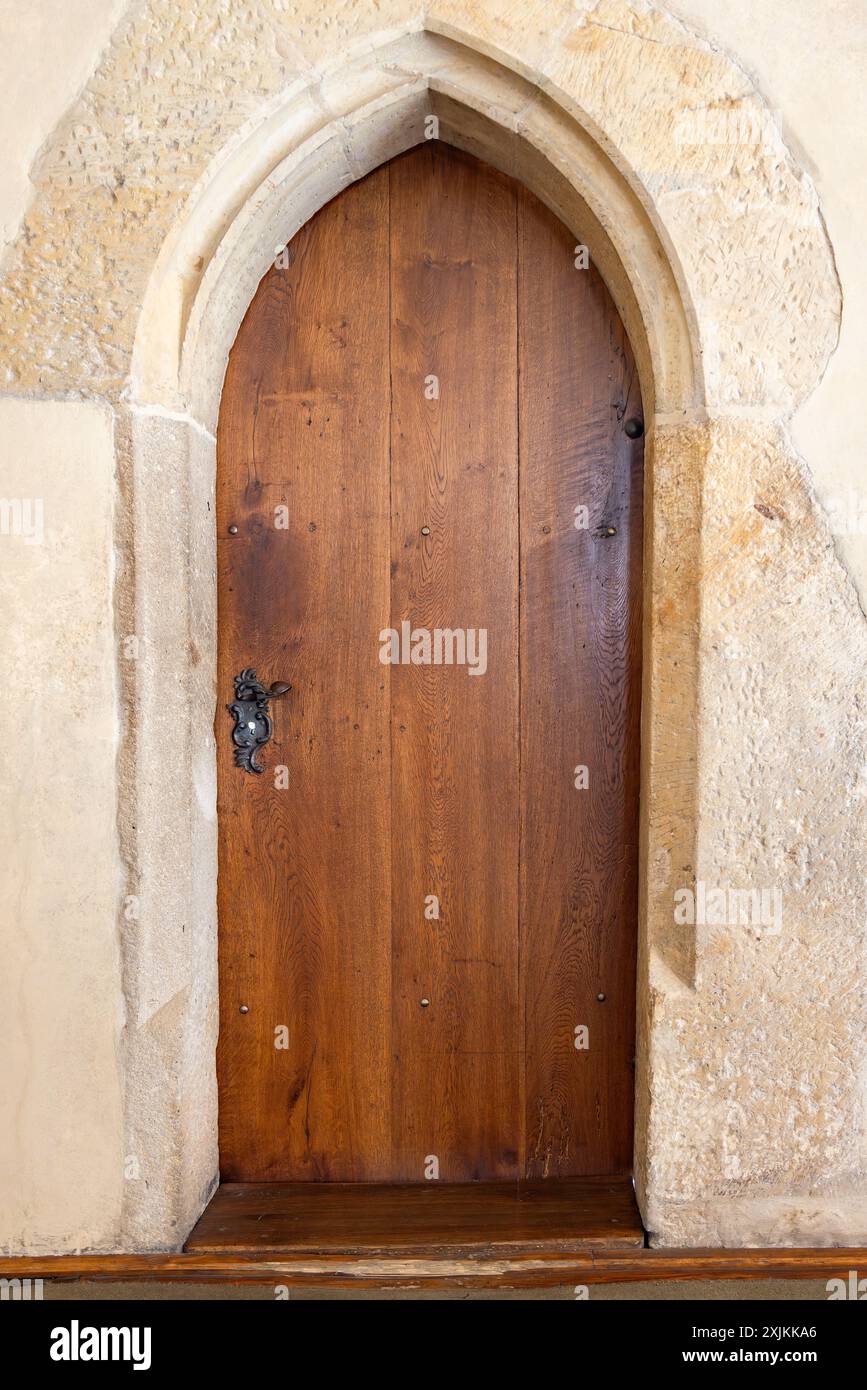 Vecchia porta in legno con ornamenti in un muro di pietra, solitamente utilizzato in cattedrali, chiese, palazzi e castelli Foto Stock