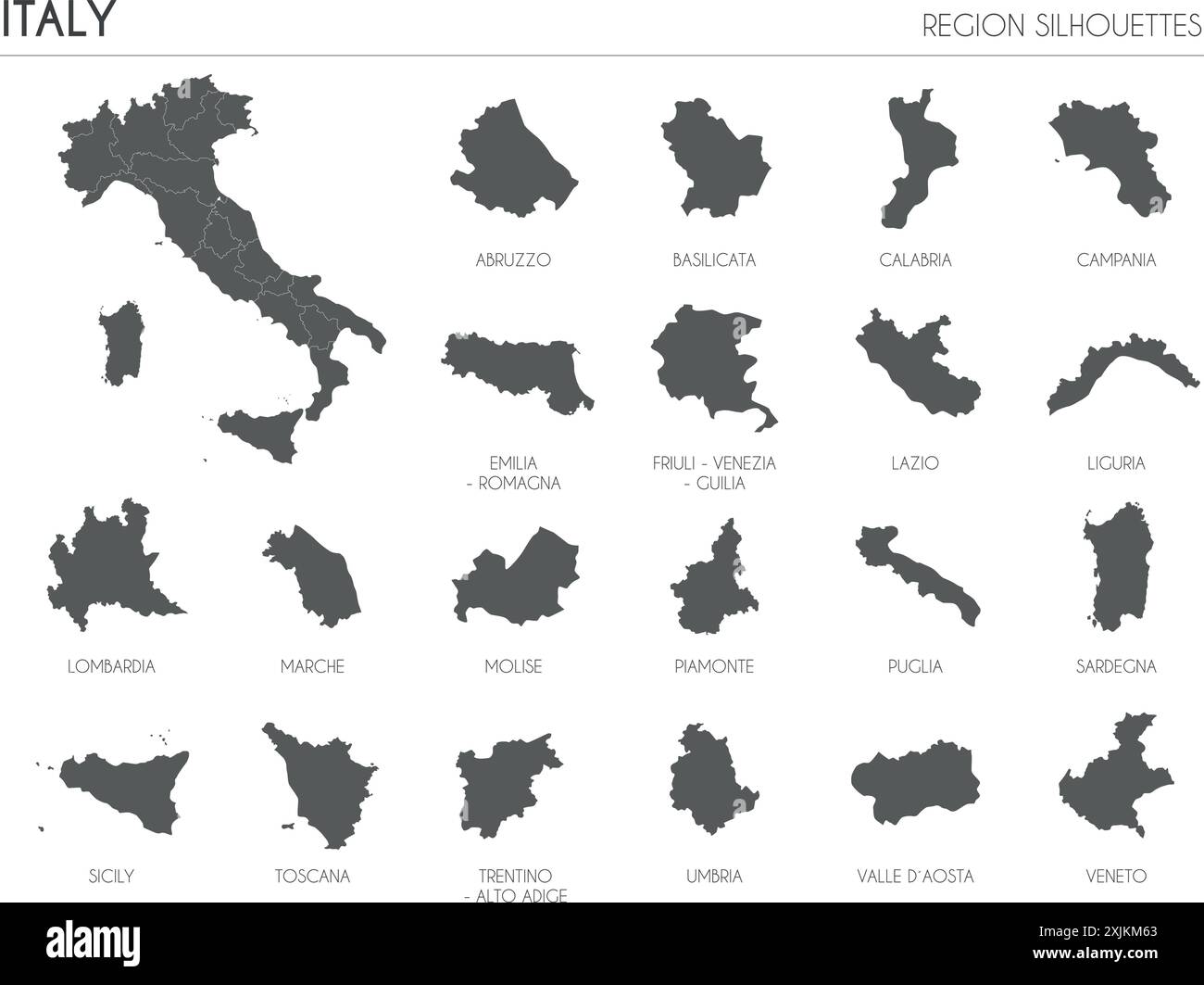 Set di sagome della regione Italia e mappa vuota del paese isolato su sfondo bianco. Disegno dell'illustrazione vettoriale Illustrazione Vettoriale