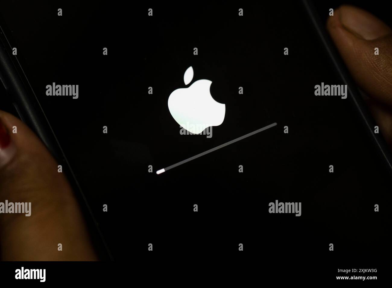 In questa immagine una persona installa gli aggiornamenti di iOS 17,3 su un dispositivo iPhone il 26 gennaio 2024 a Guwahati, India. Apple ha lanciato una nuova Foto Stock