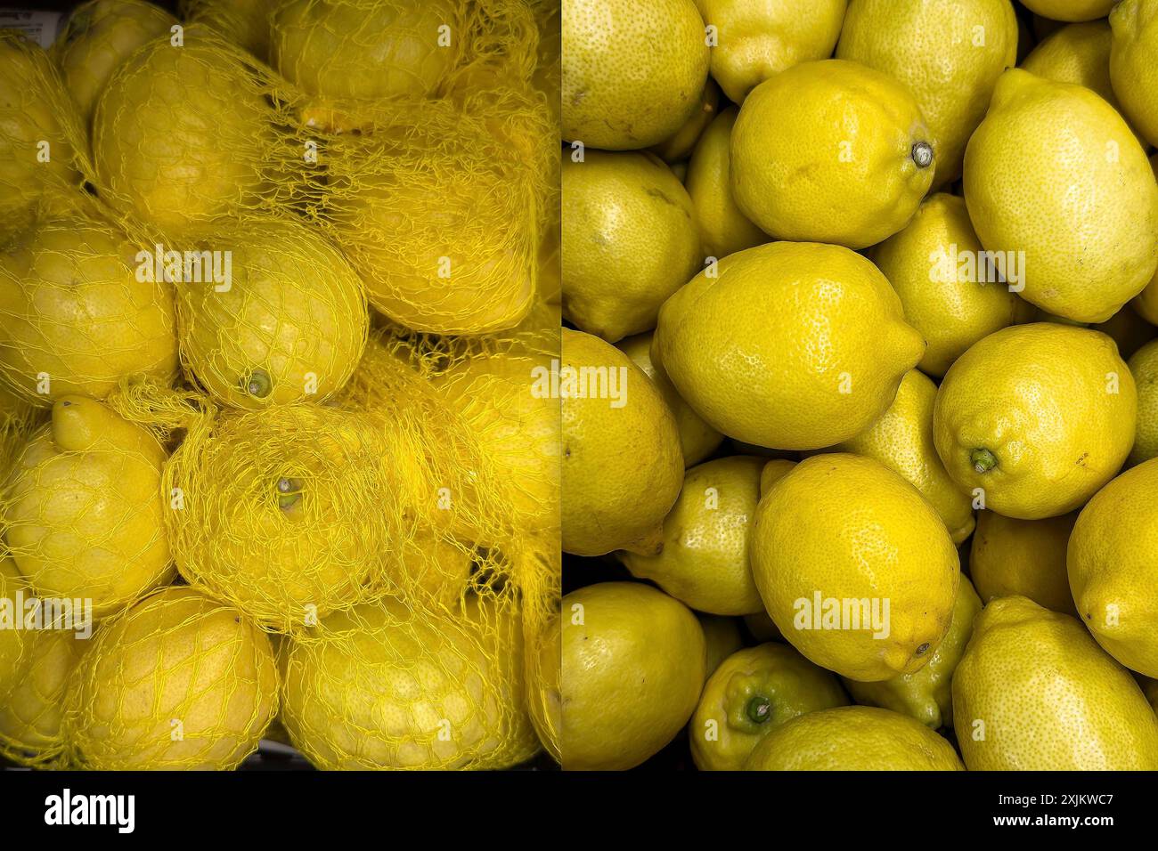 Collage foto collage fotomontaggio di due foto giustapposizione di limoni (limone di agrumi) lasciati in plastica a rete di plastica dannosa per l'ambiente Foto Stock