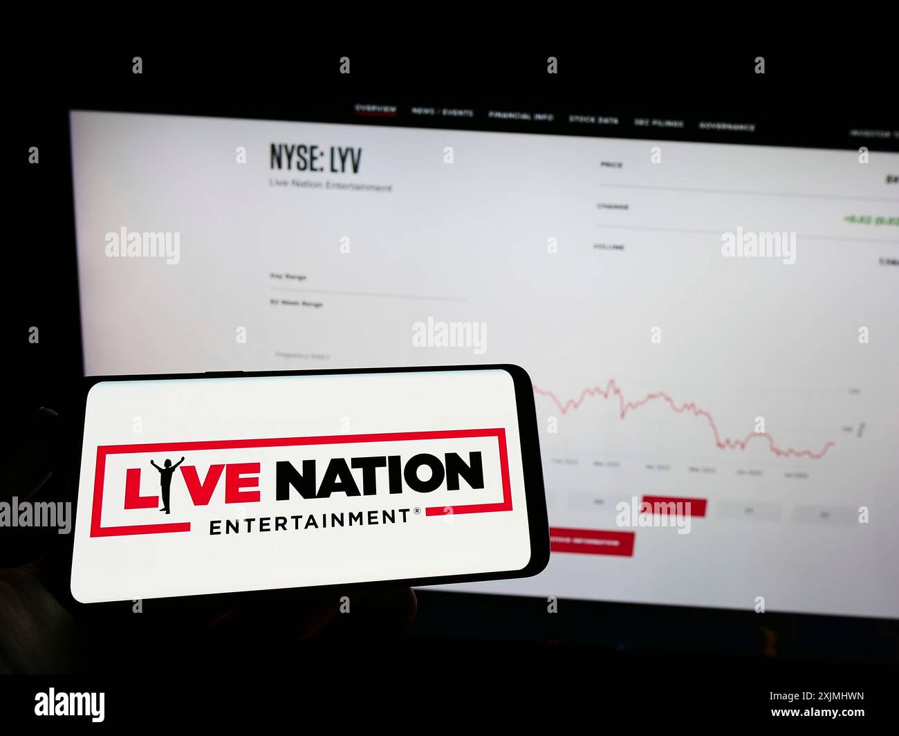 Stuttgart, Germania, 07-24-2022: Persona che detiene un telefono cellulare con il logo della società americana Live Nation Entertainment Inc. Sullo schermo davanti al web Foto Stock