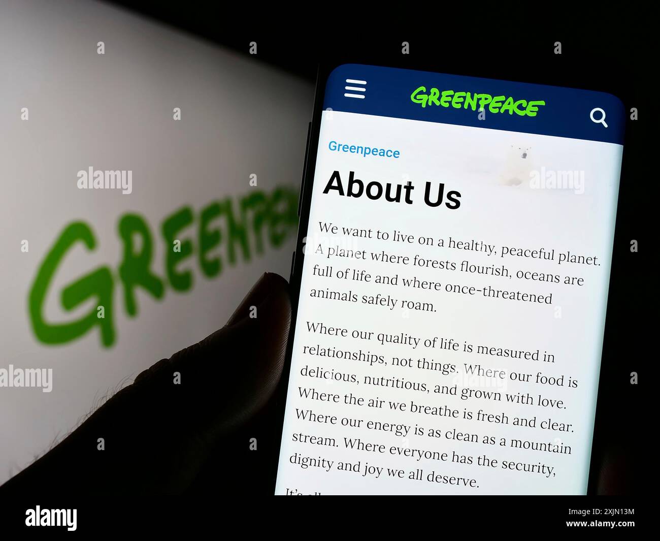 Stoccarda, Germania, 01-26-2023: Persona che tiene un cellulare con pagina web della rete di campagne ambientali Greenpeace sullo schermo con logo. Concentrati su Foto Stock