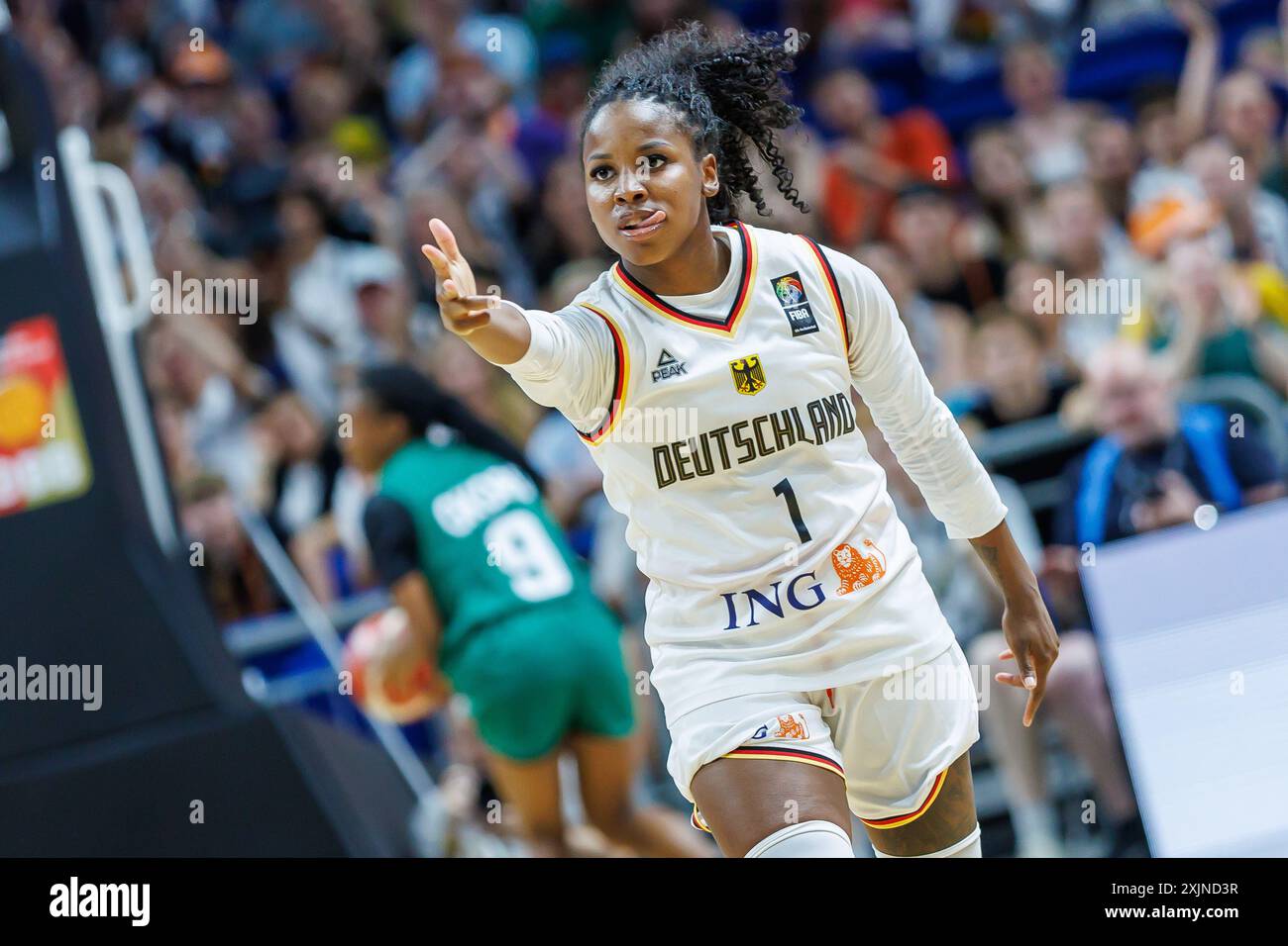 Berlino, Germania. 19 luglio 2024. Basket, donne: Partita internazionale, Germania - Nigeria, Uber Arena. La tedesca Alexia Peterson in azione. Crediti: Andreas Gora/dpa/Alamy Live News Foto Stock