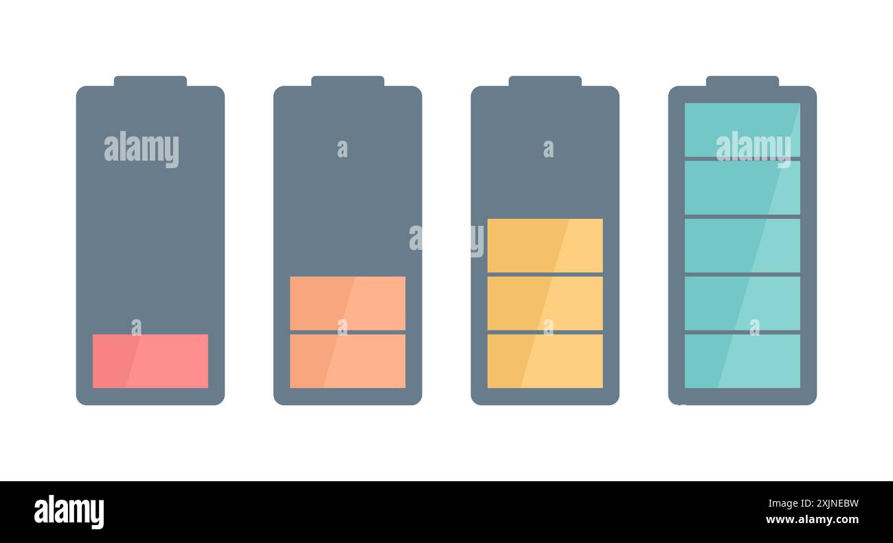 Serie di icone di indicatore di carica della batteria, isolate su sfondo bianco. Illustrazione vettoriale piatta Illustrazione Vettoriale