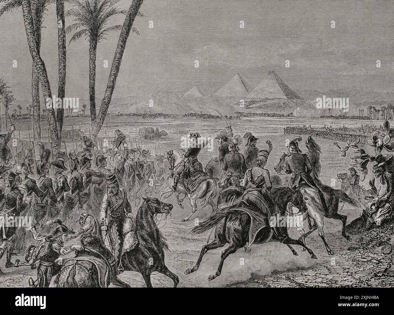 Guerre napoleoniche. Invasione francese dell'Egitto (1798-1801). Battaglia delle Piramidi (21 luglio 1798). L'esercito francese sotto Napoleone Bonaparte sconfisse le truppe mamelucche locali. Incisione di Pannemaker. "Storia della Rivoluzione francese". Volume i, seconda parte, 1879. Foto Stock