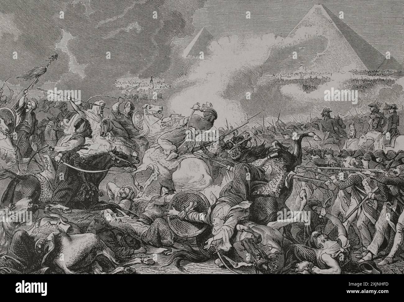 Guerre napoleoniche. Invasione francese dell'Egitto (1798-1801). Battaglia delle Piramidi (21 luglio 1798). L'esercito francese sotto Napoleone Bonaparte sconfisse le truppe mamelucche locali. Carica dei Mamelucchi nella Battaglia delle Piramidi. Incisione di Pontenier. "Storia della Rivoluzione francese". Volume i, seconda parte, 1879. Autore: Auguste Pontenier (1820-1888). Incisore francese. Foto Stock