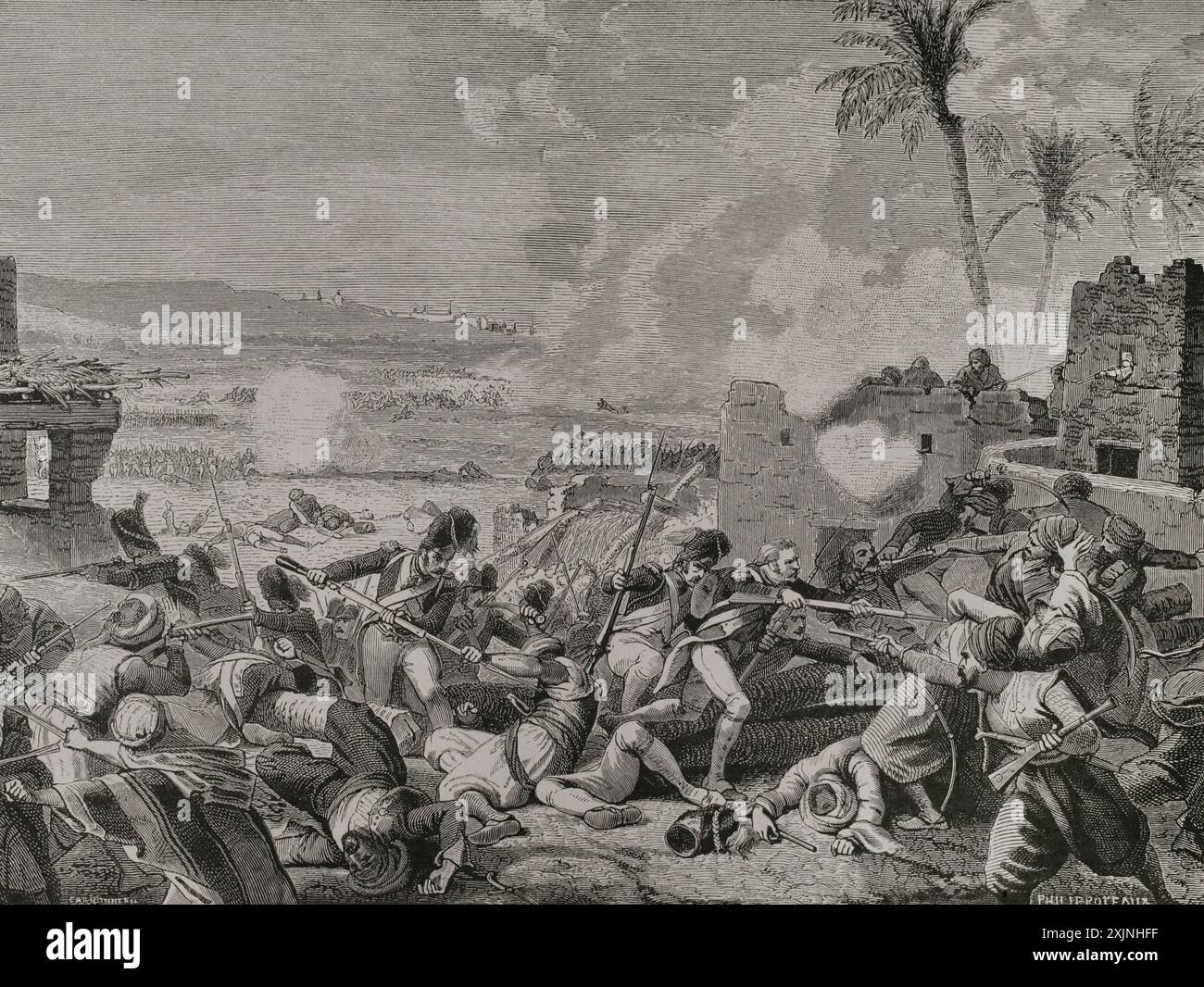 Guerre napoleoniche. Invasione francese dell'Egitto (1798-1801). Battaglia di Sediman o battaglia di El Lahun (7 ottobre 1798). Le truppe francesi comandate dal generale Desaix (1768-1800) sconfissero i mamelucchi guidati da Mourad Bey (circa 1750-1801). Disegno di Philippoteaux. Incisione. "Storia della Rivoluzione francese". Volume i, seconda parte, 1879. Foto Stock