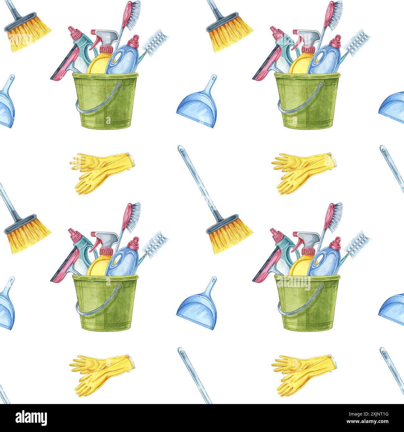 Utensili per la pulizia Clipart acquerello con motivo senza cuciture che presenta un assortimento di secchi, guanti e spazzatrici per la pulizia. Ideale per l'uso in marchi per servizi di pulizia, pianificatori stampabili o tessuti da cucina Foto Stock