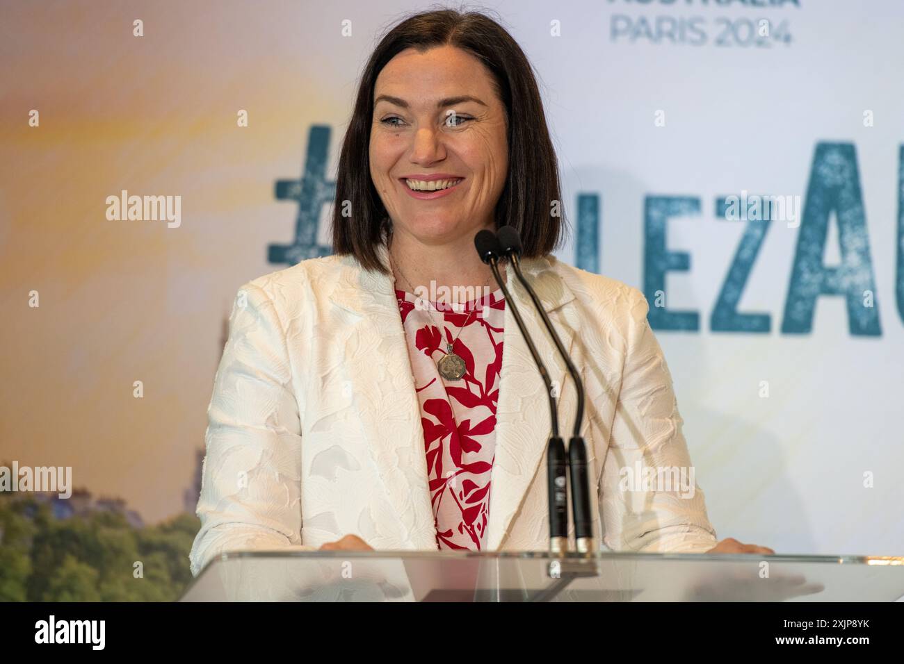 Lo chef De Misson Anna Meares parla all'annuncio della squadra olimpica australiana di Parigi. Foto: Thomas Lisson Foto Stock