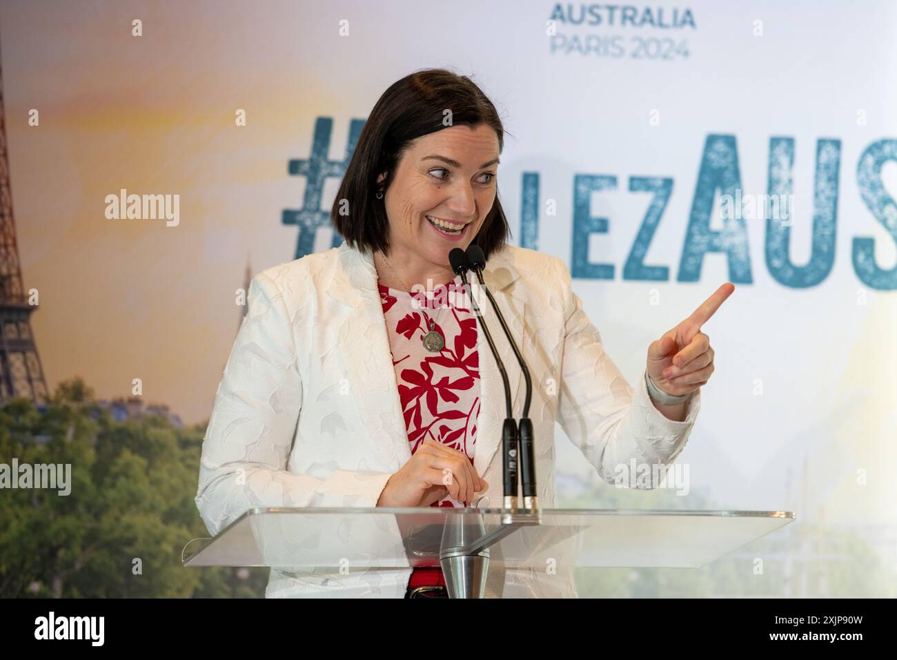 Lo chef De Misson Anna Meares parla all'annuncio della squadra olimpica australiana di Parigi. Foto: Thomas Lisson Foto Stock