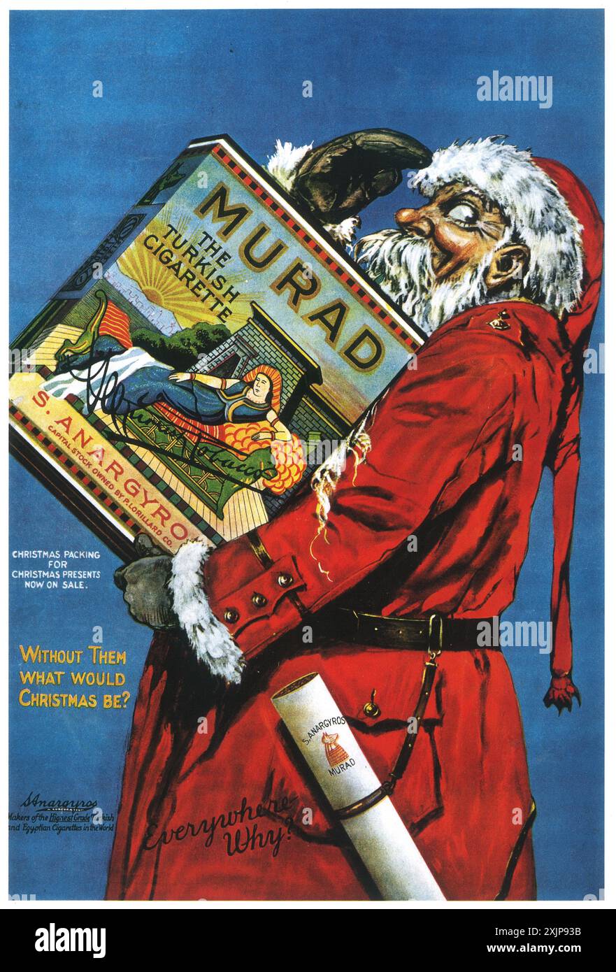 1917 sigarette Murad ad ad - 'senza di loro quale sarebbe il Natale?' - Babbo Natale porta un pacchetto di sigarette Foto Stock
